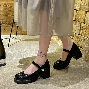 Досуг Оксфорд Обувь для женщин Липучка и петля Квадратные высокие каблуки Обувь с круглым носком Женские кожаные туфли на платформе Плюс размер Zapatos 0
