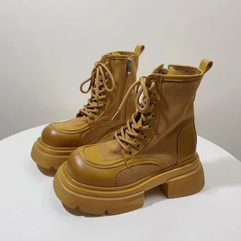 Желтые ботинки Martin Женская мода 2023 года Весна и осень Новая короткая обувь в британском стиле Мотоциклетные ботинки Big Head Mid Barrel