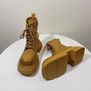 Желтые ботинки Martin Женская мода 2023 года Весна и осень Новая короткая обувь в британском стиле Мотоциклетные ботинки Big Head Mid Barrel 3