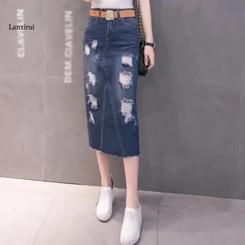 Женская джинсовая юбка 2XL Модные однотонные юбки с высокой талией Женские весна-лето средней длины синие джинсовые юбки с отверстием