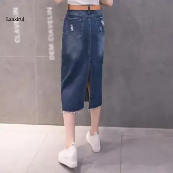 Женская джинсовая юбка 2XL Модные однотонные юбки с высокой талией Женские весна-лето средней длины синие джинсовые юбки с отверстием 1
