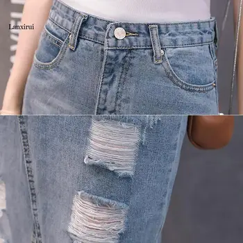 Женская джинсовая юбка 2XL Модные однотонные юбки с высокой талией Женские весна-лето средней длины синие джинсовые юбки с отверстием 4