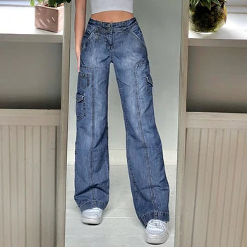 Женская мода карманы Harajuku Оверсайз Длинные брюки 90-х годов Винтаж Карго Джинсы Высокая талия Широкие штанины Мешковатые джинсовые брюки для мам