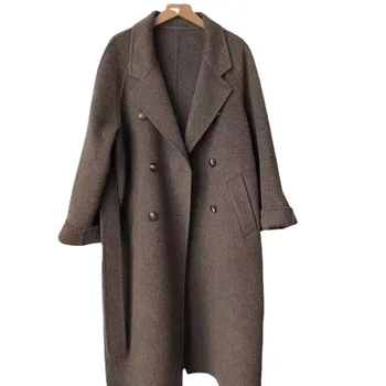 Женская одежда 2023 Новая зимняя утолщающая длинная версия пальтоОднотонные куртки с отложным воротником Корейская мода Универсальные шерстяные пальто