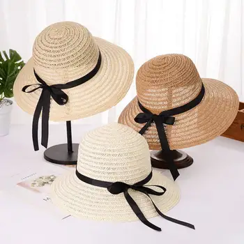 Женская соломенная шляпа Пляжные солнцезащитные шапки Летняя шляпа от солнца Складная широкополая женская дорожная кепка 0