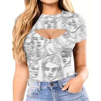 Женская футболка с коротким рукавом Футболки для девочек с 3D-принтом и вырезом Повседневная полая женская одежда Лето 2024
