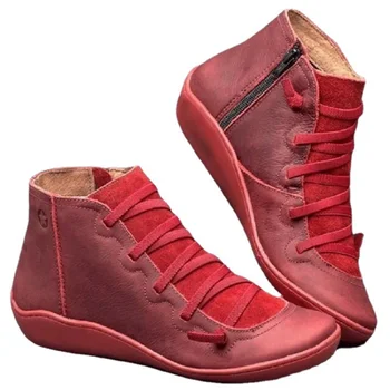 Женские зимние зимние сапоги Натуральная кожа Лодыжки Пружинные плоские туфли женские короткие винтажные сапоги с мехом 2023 для женщин ботинки на шнуровке