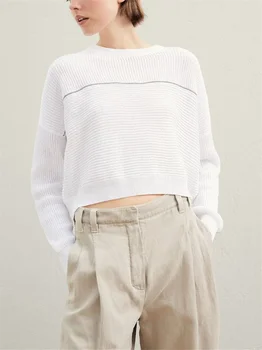 Женский вязаный свитер из бисера Украшение Повседневный 2023 Весенний пуловер с круглым вырезом