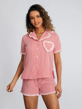 Женское сердце Пижама из двух частей Удобные мягкие пуговицы Рубашка с длинным рукавом Топы и шорты с высокой талией Lounge Set