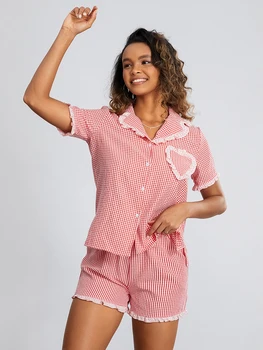 Женское сердце Пижама из двух частей Удобные мягкие пуговицы Рубашка с длинным рукавом Топы и шорты с высокой талией Lounge Set 3
