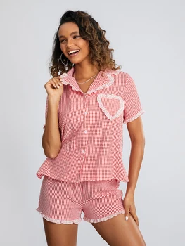Женское сердце Пижама из двух частей Удобные мягкие пуговицы Рубашка с длинным рукавом Топы и шорты с высокой талией Lounge Set 4