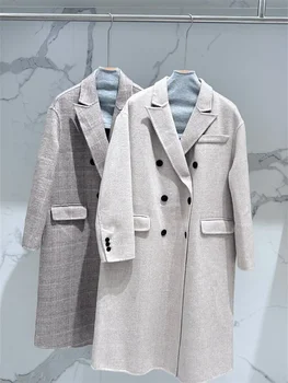 Женское шерстяное пальто в клетку Двубортное бисероплетение Повседневная зимняя свободная куртка миди 2023 0