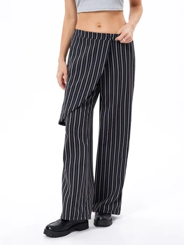Женщины Cual Широкие штанины Полосатые брюки Нерегулярные мешковатые брюки с высокой талией Свободный крой Длинные прямые брюки Y2k Streetwear 1