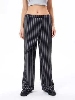 Женщины Cual Широкие штанины Полосатые брюки Нерегулярные мешковатые брюки с высокой талией Свободный крой Длинные прямые брюки Y2k Streetwear 3