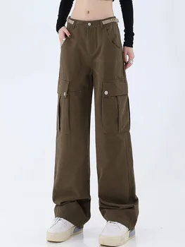 Женщины Большие карманы Брюки-карго Ретро Спортивные брюки с высокой талией Широкие штанины Повседневная мода Уличная одежда Джоггеры Брюки Уличная одежда Y2k