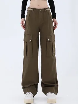 Женщины Большие карманы Брюки-карго Ретро Спортивные брюки с высокой талией Широкие штанины Повседневная мода Уличная одежда Джоггеры Брюки Уличная одежда Y2k 1
