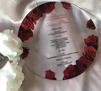 Зеркальное золото Акриловое свадебное меню,Красная роза Пион на заказ 10 шт. Круглое прозрачное меню,Вечеринка Украшение Круглое меню 1