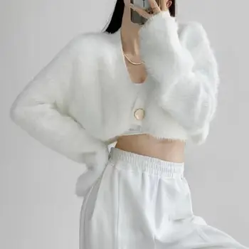 Зимнее женское пальто Пушистый кардиган на пуговицах с длинными рукавами Сохраняет тепло Короткая одежда с глубоким V-образным вырезом