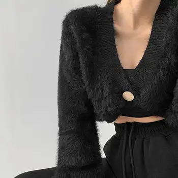 Зимнее женское пальто Пушистый кардиган на пуговицах с длинными рукавами Сохраняет тепло Короткая одежда с глубоким V-образным вырезом 1