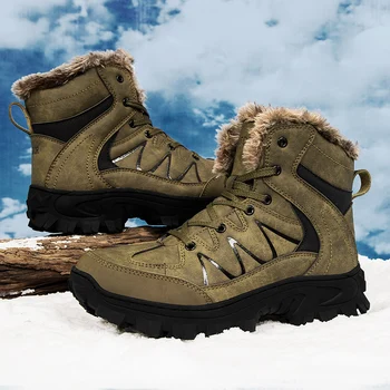 Зимние сапоги мужские плюс бархат высокий верх на открытом воздухе большие размеры походная обувь теплые повседневные хлопковые туфли удобные спортивные ботинки
