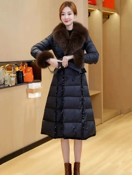  Зимняя женская хлопковая куртка 2023 Высококачественный дизайн Большой меховой воротник Модная хлопковая куртка средней длины Теплое женское пальто