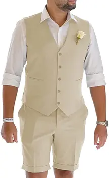 Изготовленный на заказ повседневный мужской облегающий льняной костюм разделяет шорты для выпускного лета на пляже свадьбы женихов