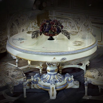 Итальянский Европейский Роскошный обеденный стол и стул Комбинация дворца Круглый обеденный стол Большой резной обеденный стол Настройка
