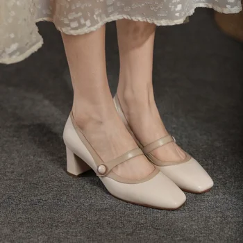 Квадратные каблуки Готическая женская летняя обувь Обувь для женщин 2023 Мэри Джейн со средним белым японским стилем Lolita E Chic Point 0