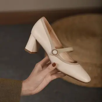 Квадратные каблуки Готическая женская летняя обувь Обувь для женщин 2023 Мэри Джейн со средним белым японским стилем Lolita E Chic Point 4