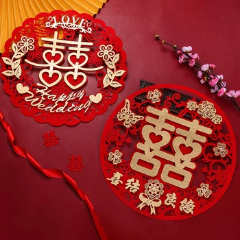  Китайская свадьба Двойное счастье Наклейка на стену Нетканый материал Наклейки для спальни Дверь Окно Свадебное украшение 0