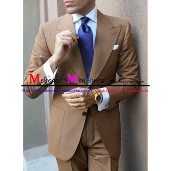 Классический деловой коричневый мужской костюм Новейшее пальто Брюки Дизайн Осенняя мода Твердая тонкая свадьба 2 шт. (блейзер + брюки) Костюм Homme 0