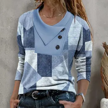 Классический пуловер Топ 3D Вырезка Кожа-Прикосновение Осенняя блузка Геометрия Пэчворк Цвет Свободная Осенняя футболка