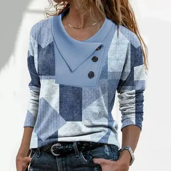 Классический пуловер Топ 3D Вырезка Кожа-Прикосновение Осенняя блузка Геометрия Пэчворк Цвет Свободная Осенняя футболка 1