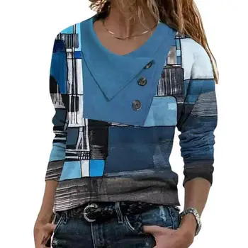 Классический пуловер Топ 3D Вырезка Кожа-Прикосновение Осенняя блузка Геометрия Пэчворк Цвет Свободная Осенняя футболка 3