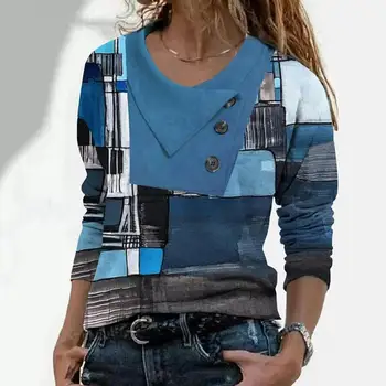 Классический пуловер Топ 3D Вырезка Кожа-Прикосновение Осенняя блузка Геометрия Пэчворк Цвет Свободная Осенняя футболка 4