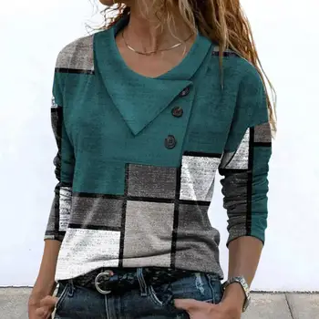 Классический пуловер Топ 3D Вырезка Кожа-Прикосновение Осенняя блузка Геометрия Пэчворк Цвет Свободная Осенняя футболка 5