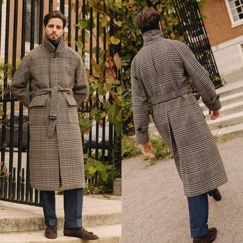 Классическое зимнее шерстяное пальто в английском стиле Мужчины Толстое пальто в клетку на заказ с поясом Повседневное теплое пальто