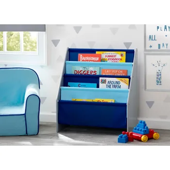 Книжная полка Delta Children Sling - легкодоступное место для хранения книг, идеально подходящее для игровых комнат и домашнего обучения, серый/синий 