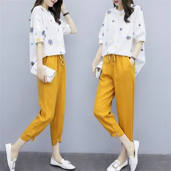 Корейская мода Костюм Женская шифоновая рубашка с принтом Топ и брюки Летний комплект из двух частей Женские комплекты Повседневный элегантный наряд 0