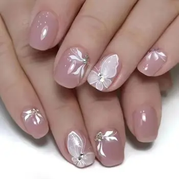  Короткие круглые накладные ногти Мода Французские накладные ногти с полным покрытием Белые Бабочки Съемные Ногти Типсы для салона 0