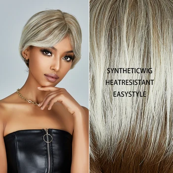 Короткие платиновые парики с челкой Синтетическая стрижка пикси Коричневый парик омбре натуральный ежедневный косплей вечеринка для женщин афро термостойкие волосы 4