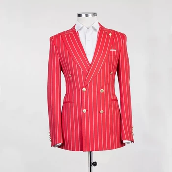 Красный двубортный блейзер брюки полосатый мужской костюм пальто 2 шт. мужская свадебная одежда для званого ужина 2шт куртка брюки