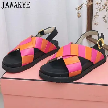 Красочная розовая обувь Женские летние сандалии Женщины с открытым носком Задний ремешок Пляжные сандалии на плоской платформе Богемная обувь для девочек