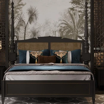 Кровать из массива дерева из черного ротанга в деревенском стиле, двуспальная кровать в спальне, дуб в стиле ретро, простая ручная резьба