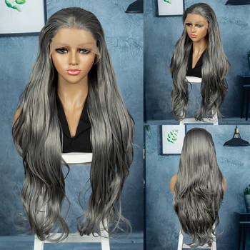  Кружево спереди серебристо-серый парик синтетический 13x3 кружевной длинный парик с волнистыми концами для женщин