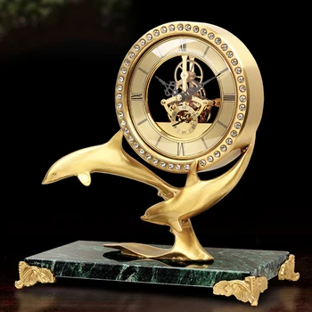 Латунные часы Dolphin с мраморным основанием, стеклянными стразами, прозрачным циферблатом, современными настольными часами для гостиной Декоративные украшения 1