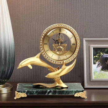 Латунные часы Dolphin с мраморным основанием, стеклянными стразами, прозрачным циферблатом, современными настольными часами для гостиной Декоративные украшения 3