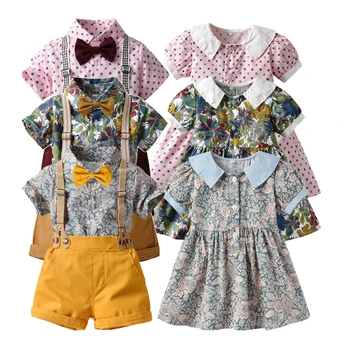  Летний мальчик и девочка Подходящий наряд Детский комплект Формальные рубашки с коротким рукавом с галстуком-бабочкой и платье Повседневная одежда для 6M-6Y