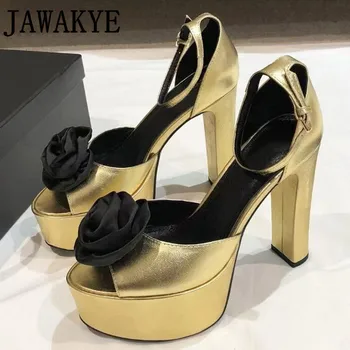 летняя платформа супер высокий каблук сандалии женщина золото бежевый цветок украшение свадебная обувь мода подиум люкс бренд обувь Mujer