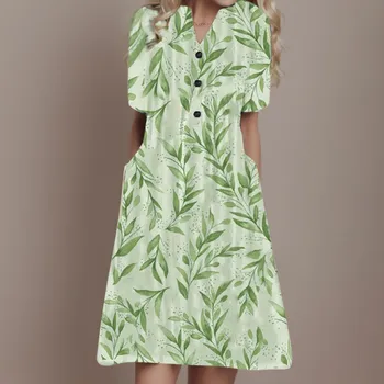 Летняя повседневная юбка средней длины для женщин с V-образным вырезом на пуговицах и короткими рукавами с цветочным принтом Платья для вечеринок Элегантное повседневное платье